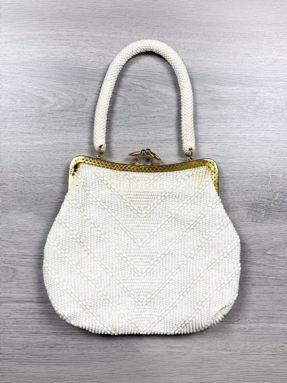 Goldco Vintage White Beaded Purse Gold Frame Clasp 60s 70s